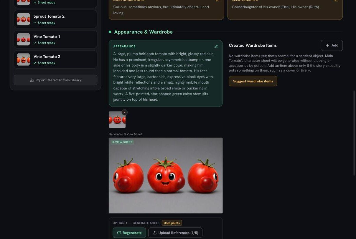 The character design screen